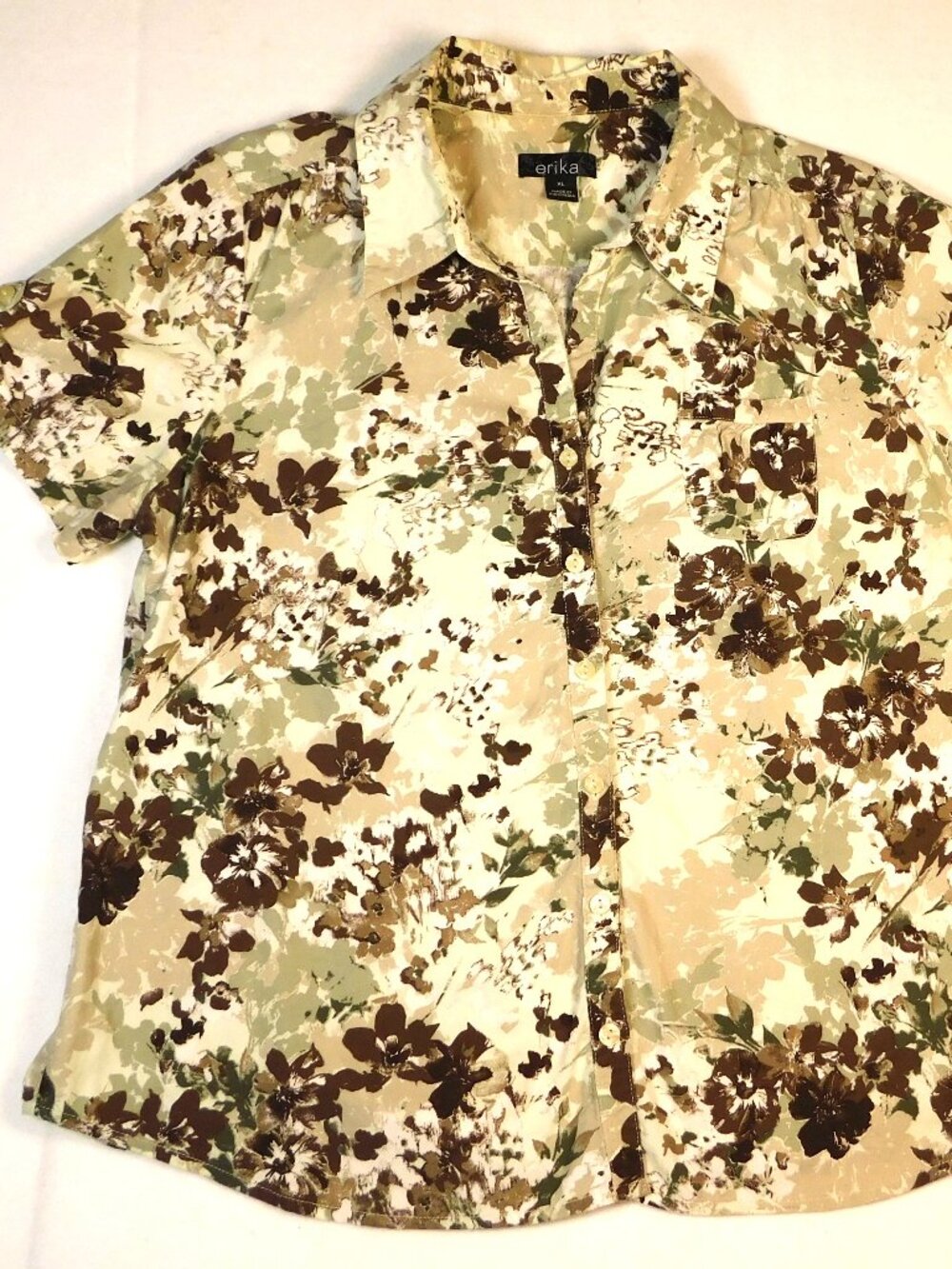 Erika Women's XL  Blouse Cotton Button Up Short Sleeve Floral Green/ Tan/ Brown